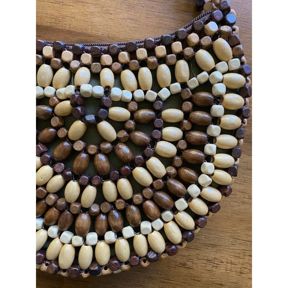 Vintage Wooden Beaded Crescent Shaped Bag Natural 90s Y2K EUC Small Purse Boho